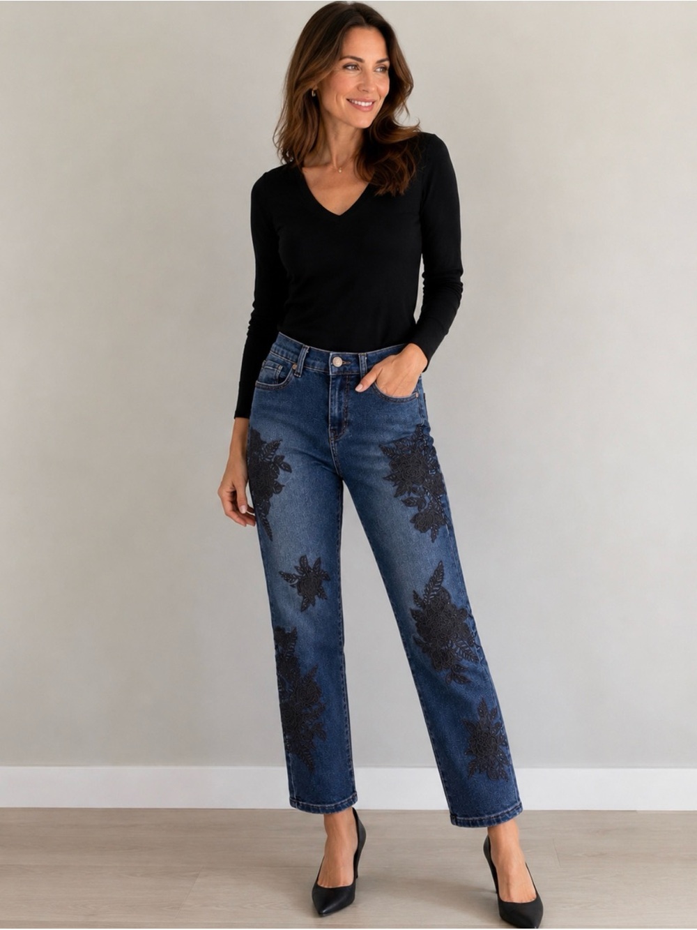 Jeans DG2 by Diane Gilman Dark Blue Straight-Leg with Black Embroidery Pants
